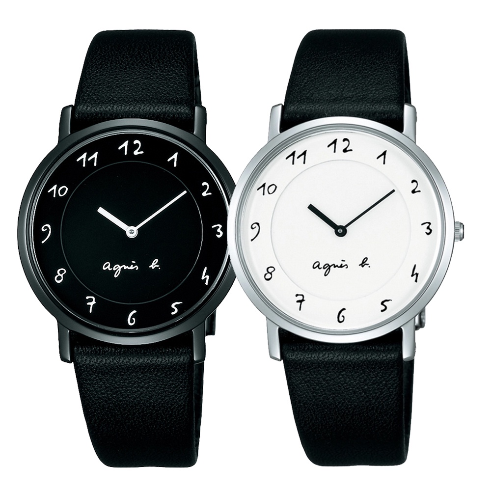 agnes b.法國時尚簡約LOGO皮腕錶-白/黑33mm ( BG4001P1 / BG4002P1 )