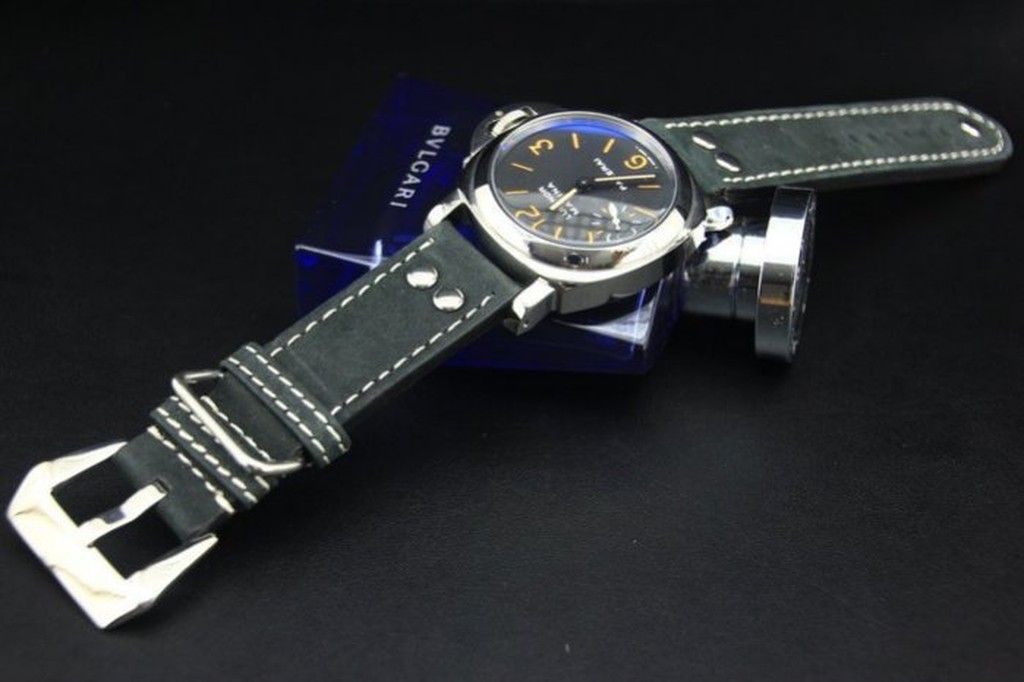 24mm直身黑色真皮錶帶小沛的新衣banda德國軍錶vintage冒險風格鉚釘沛納海panerai