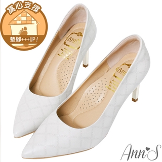 Ann’S嚮往的女人味-小香菱格紋小羊皮電鍍細跟尖頭高跟鞋7.5cm-米白