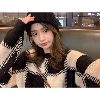 現貨 #針織毛衣 黑白格紋長袖毛衣#黑色毛衣#撞色#針織毛衣#女生毛衣#跨年#圓領上衣#寬鬆毛衣#慵懶毛衣