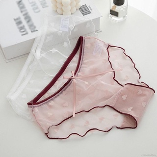 Comeandbuy-日系內褲女愛心蕾絲純棉襠性感薄款透氣網眼少女士內褲 蝴蝶結蕾絲邊點綴底褲 純棉抑菌底襠 輕盈清涼