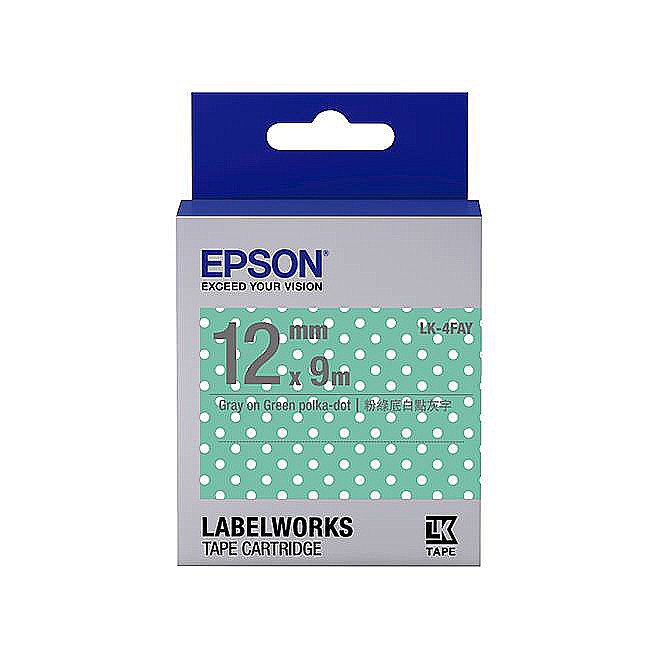 EPSON LK-4FAY標籤帶/ 點紋/ 粉綠白點底灰字/ 12mm