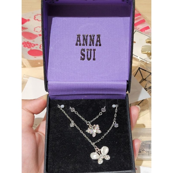 全新出清 專櫃正品 ANNA SUI 蝴蝶水晶鑽銀項鍊（兩條一組不拆賣）