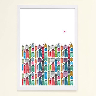 摩達客西班牙知名插畫家Judy Kaufmann藝術創作海報版畫掛畫裝飾畫-房屋與鳥 (附Judy本人簽名)(含木框)