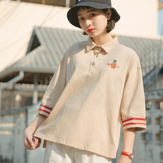 夏季新款復古POLO領五分袖小清新T恤女學生寬鬆刺繡撞色中袖上衣