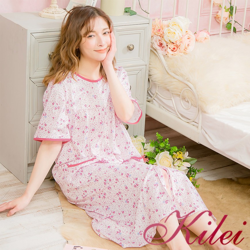 【Kilei】全開釦滿版碎花短袖連身裙睡衣XA4051-02(魅力粉)大尺碼
