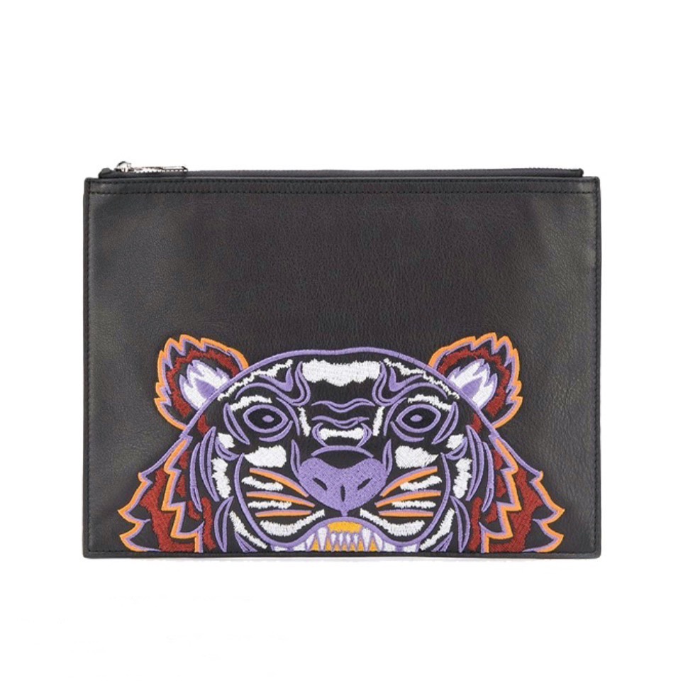 【KENZO】 牛皮紫色虎頭刺繡手拿包