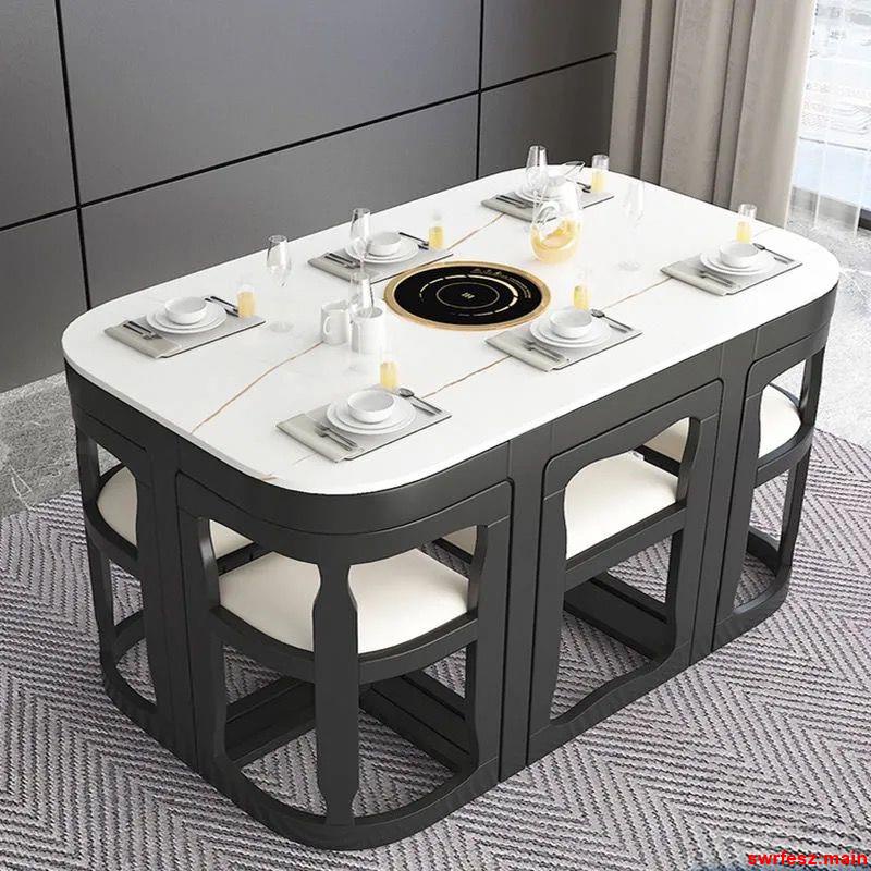 巖板實木餐桌椅組合隱藏餐椅現代簡約小戶型家用電磁爐餐桌網紅桌