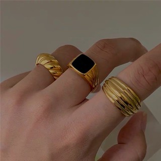 現貨·鈦鋼◾️輕奢品味◾️黑色方形寶石戒指 歐美 金色 中性 男 女 質感 獨特 百搭 配飾 鈦鋼製 飾品 大戒指