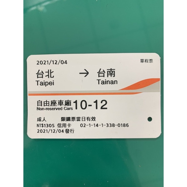 2021/12/4高鐵票根（台北到台南）
