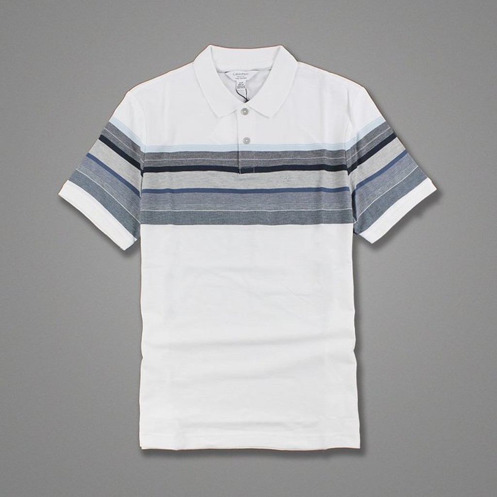 美國百分百【Calvin Klein】Polo衫 CK 短袖 上衣 網眼 白色 藍灰條紋 XL號 G820