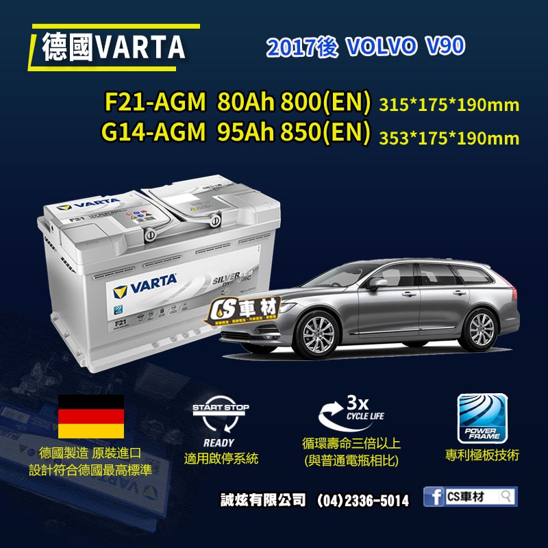 CS車材-VARTA 華達電池 VOLVO V90 17年後 F21 G14 AGM 代客安裝 非韓製