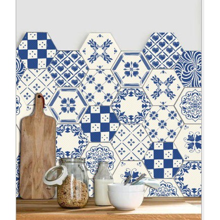 LB008 藍色創意六邊形磁磚貼 浴室廚房家居DIY裝飾牆貼 磁磚小瑕疵遮蔽貼 防水貼紙