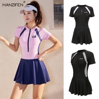 ⚡送泳帽⚡【現貨】女款粉色運動平角連身泳衣 學生保守拉鍊泳裝 短袖連身泳衣游泳衣 溫泉泡湯海灘連身游泳衣 女泳衣