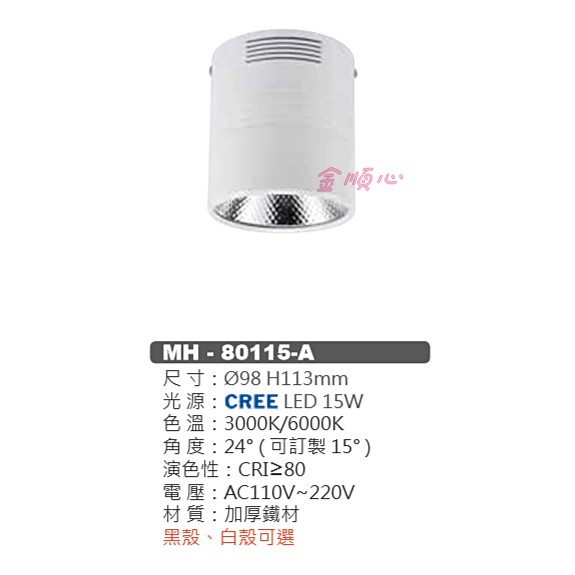 ☼金順心☼專業照明~含稅 MARCH CREE LED 15W 黑殼 白殼 筒燈 吸頂筒燈 MH-80115-A