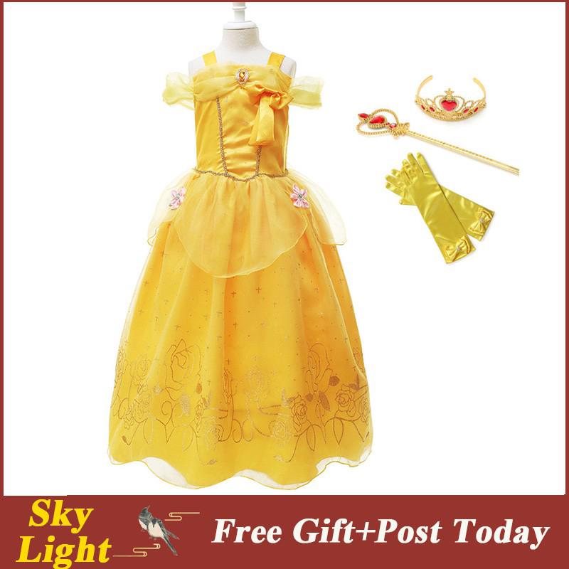 兒童禮服新款六一演出服黃色貝兒公主裙一字肩表演禮服睡美人cos 萬聖節服飾 女童黃色長裙紗裙 公主風小洋裝