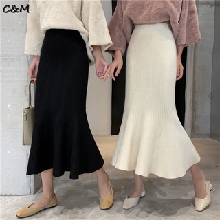 C&M 包臀半身裙女 韓版新款港味 修身針織魚尾裙 洋氣高腰A字裙子