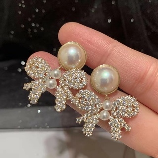 日韓風格鏤空閃光鑽石蝴蝶結耳環個性時尚設計珍珠耳環