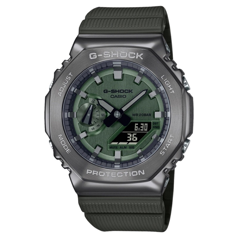 （實體店面）全新台灣卡西歐公司貨 G-SHOCK系列 潮流金屬八角錶殼運動錶-沉穩灰綠  GM-2100B-3Aㄧ年保固