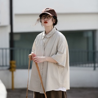 夏季薄款日系復古短袖襯衫女五分袖文藝男港風學生純色襯衣