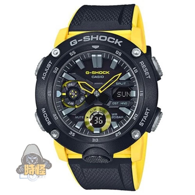 【CASIO】台灣卡西歐公司貨 G-SHOCK 碳纖維可替換錶帶運動錶 200米防水-黑X黃(GA-2000-1A9)