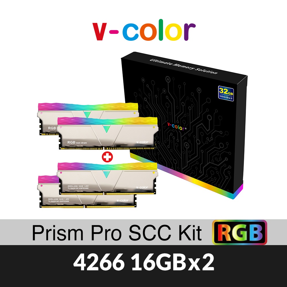 v-color全何SCC套件DDR4 4266 32G(16GX2)內含2支RGB桌上型超頻記憶體+2支RGB虛擬燈條