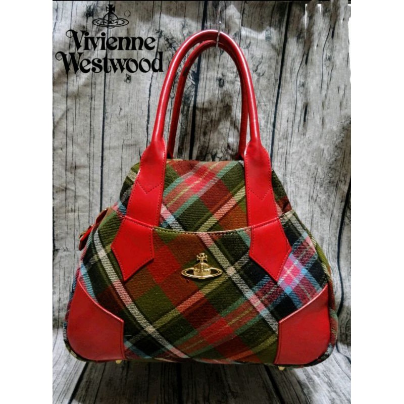 二手真品 Vivienne Westwood 土星 mark 紅色系蘇格蘭格紋布 保齡球包 手提包 皮包