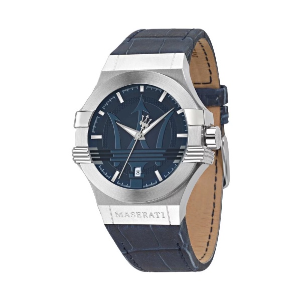 【Maserati 瑪莎拉蒂】經典LOGO款三針日期皮革腕錶-藍x銀/R8851108015/台灣總代理公司貨享兩年保固