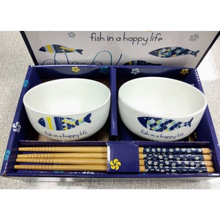 年年有魚兩碗兩筷組 禮盒組 陶瓷碗 楠竹筷 送禮自用兩相宜