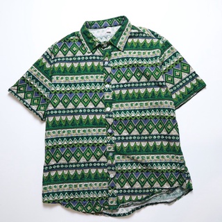 「富士鳥」古著 綠色幾何圖騰襯衫 花襯衫
