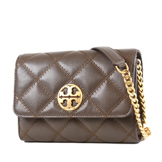 TORY BURCH Willa 菱格紋皮革翻蓋鍊帶斜背WOC包-可可色【美國正品 現貨】