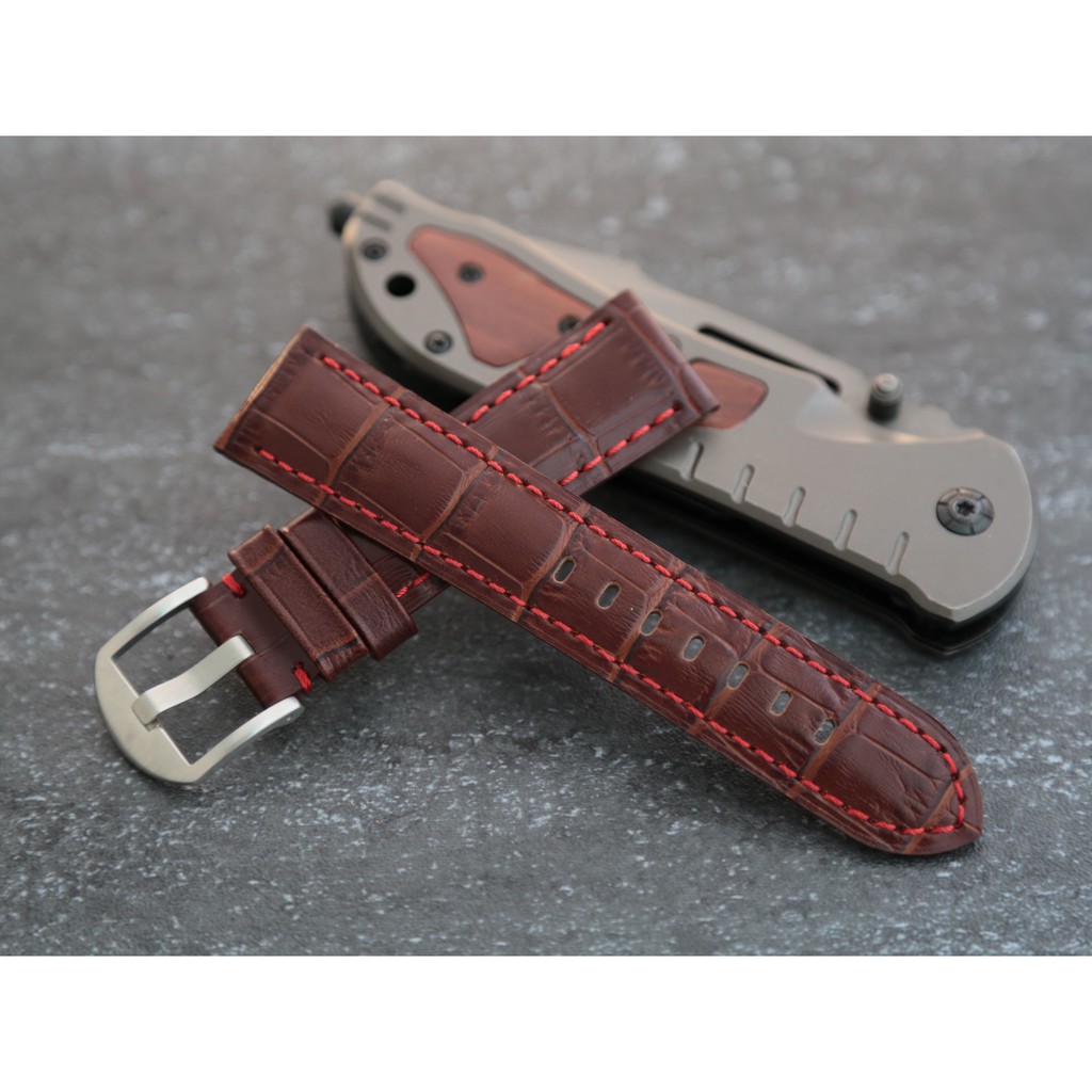 24mm可替代沛那海panerai原廠錶帶之鱷魚皮紋真牛皮製錶帶,不鏽鋼製錶扣,紅色牢靠車縫線