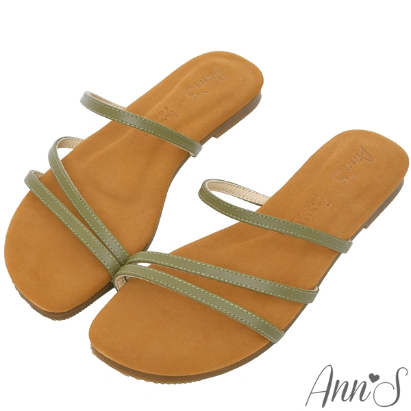 Ann’S水洗牛皮-鹽系女孩三條鞋帶平底涼拖鞋-綠