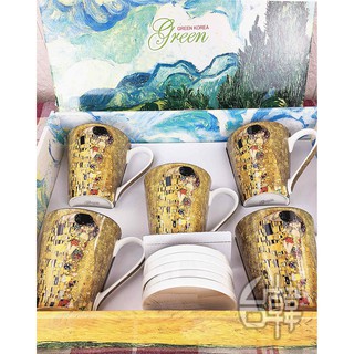 ║臺韓骨瓷餐具批發║ ➡5入咖啡杯組(不含圖中5入杯蓋及鍋墊)-克林姆奧地利/KISS吻 CV骨瓷馬克杯 永恆的愛