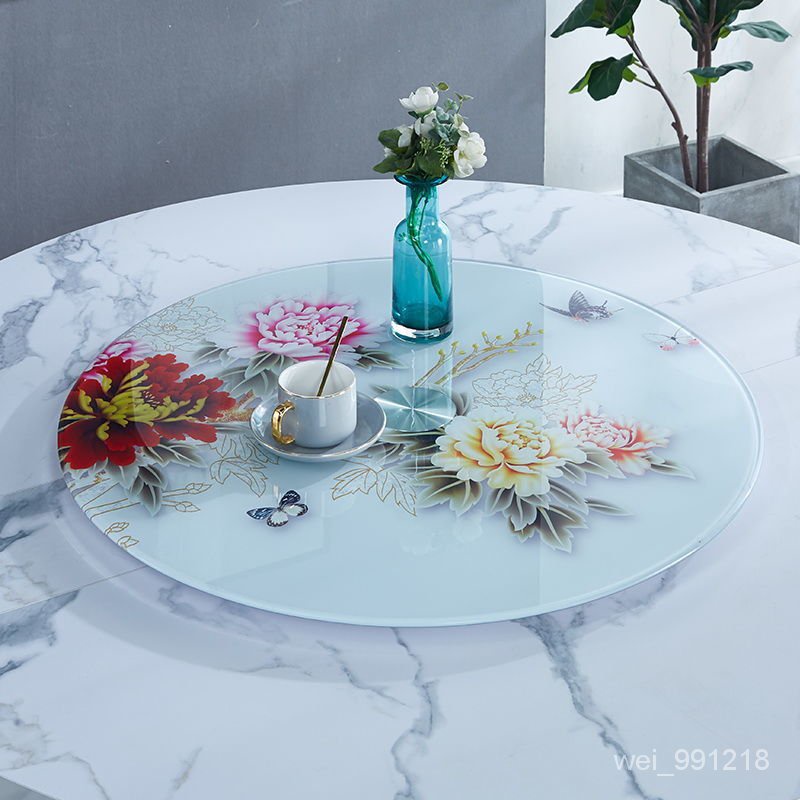 餐桌轉盤鋼化玻璃圓桌面工藝貼畫玻璃轉盤旋轉圓盤飯店家用玻璃盤 CtTi