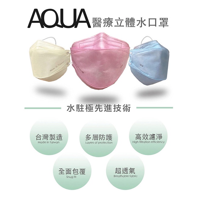 AQUA D2 4D醫療級立體台灣製製雙鋼印水口罩 美國FDA N95認證 (成人10入/盒) 多種花樣任選