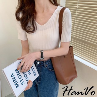 【HanVo】繽紛糖果色系V領短版針織上衣 V領螺紋百搭顯瘦修身素面T恤 韓系女裝 女生衣著 A01-1207