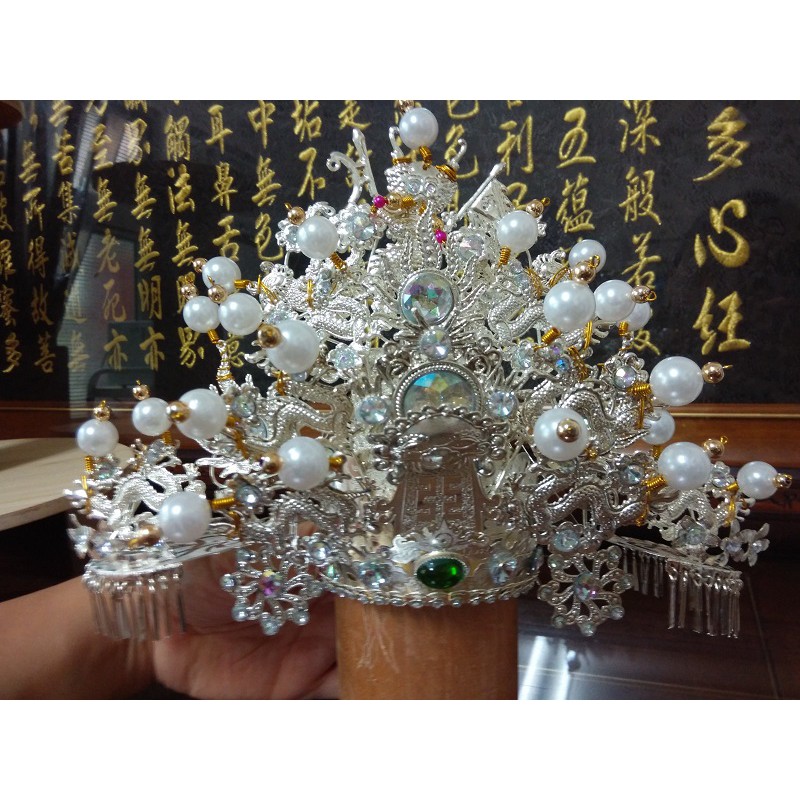 靜福緣 精品柳絲製 銀白鑽王帽 乙丘柳絲製神尊戴神尊戴神明帽神冠開漳聖王池府王爺吳府王爺范府王爺帽