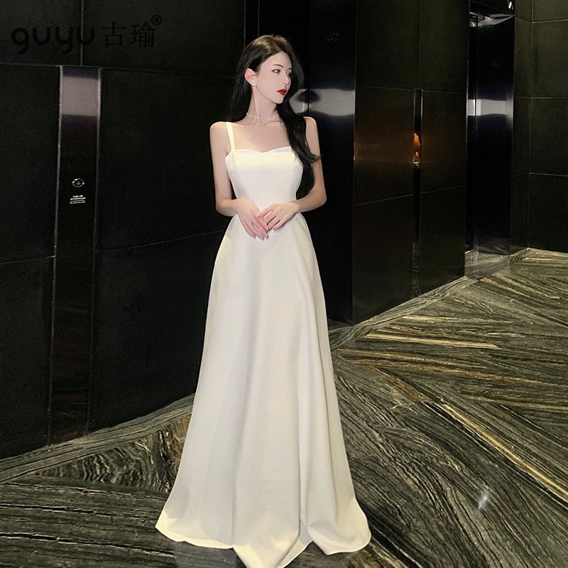 白色晚禮服拖地長洋裝 S-L 重要場合 優雅 性感 無袖吊帶洋裝收腰伴娘洋裝