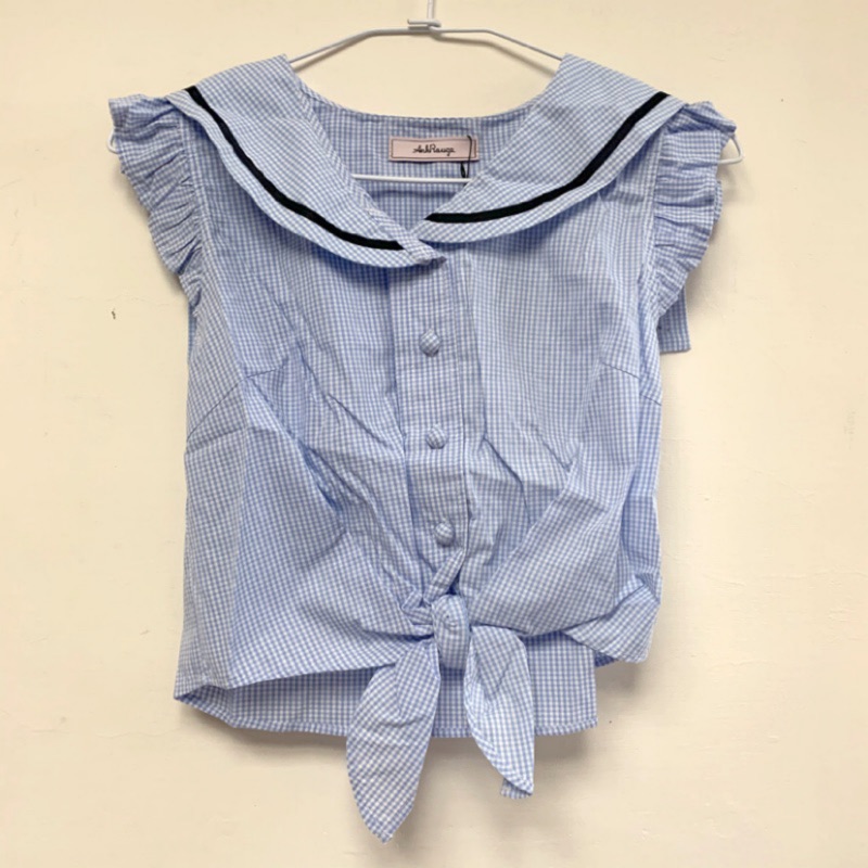 日本109品牌正品 Ank Rouge 夏季海軍風水手領藍色格紋荷葉邊無袖上衣 緞帶愛心短裙set 松崗里枝 蝦皮購物