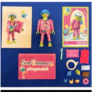 Playmobil 人偶 抽抽盒第一代 牙痛病人 綠色人偶 枕頭 粉色睡衣 牙刷