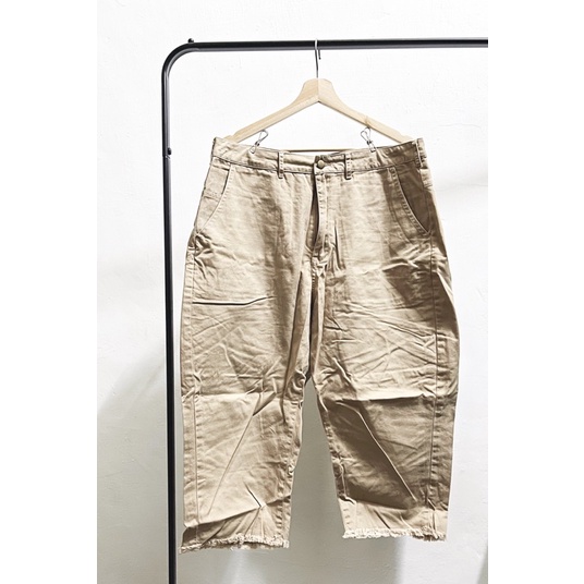 [二手衣物]plain-me COP 4007 重磅斜紋不收邊寬版 長褲 卡其色 L