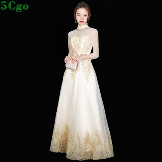 5Cgo 含稅中式晚禮服女秋冬宴會名媛長款演出服年會主持人禮服藝考香檳色年會尾牙禮服t602399826103