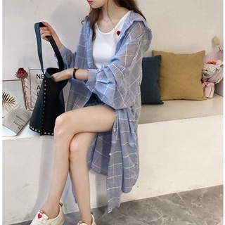 女生防曬衫 薄外套七分袖 M-4XL中大尺碼韓版寬松慵懶BF格子襯衫中長款上衣港味連帽外套2F071-5555.