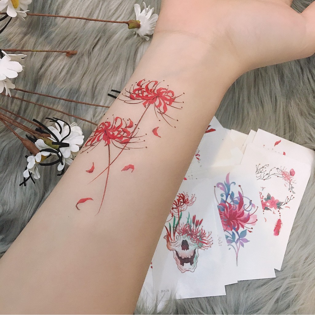 台灣現貨貓熊繽雰曼珠沙華紋身貼古風性感地獄少女彼岸花鎖骨遮疤紅綠性感鎖骨腳踝古風地獄少女小圖貼復古日本歌德日系