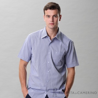 ROBERTA諾貝達 進口素材 台灣製 合身版 商務都會 條紋短袖襯衫 灰藍