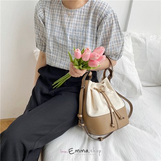 EmmaShop艾購物-韓國設計師款-帆布搭撞色皮革水桶包/肩背/手提