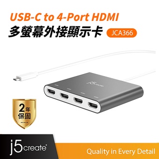 【j5create 凱捷】USB-C to 4-Port HDMI 多螢幕外接顯示卡-JCA366 HDMI轉接器