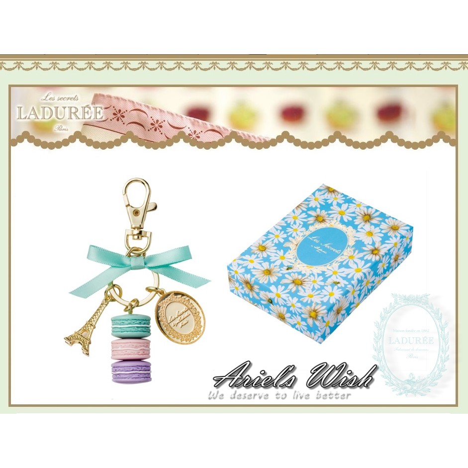 Ariel's Wish預購-日本東京銀座LADUREE方形天空藍色緞帶蝴蝶結馬卡龍巴黎鐵塔鑰匙圈新款