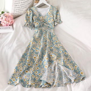 Women's Dress V-neck Self-cultivation Sweet Dress 碎花洋裝女收腰顯瘦遮